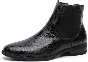 HOOENG Round Toe Ankle Boots for Men Crocodile Print Elastic Bandage Cowhide Leather Wearable Anti-Slip Non Slip on Waterproof Dress (Color : Black, Size : 10)