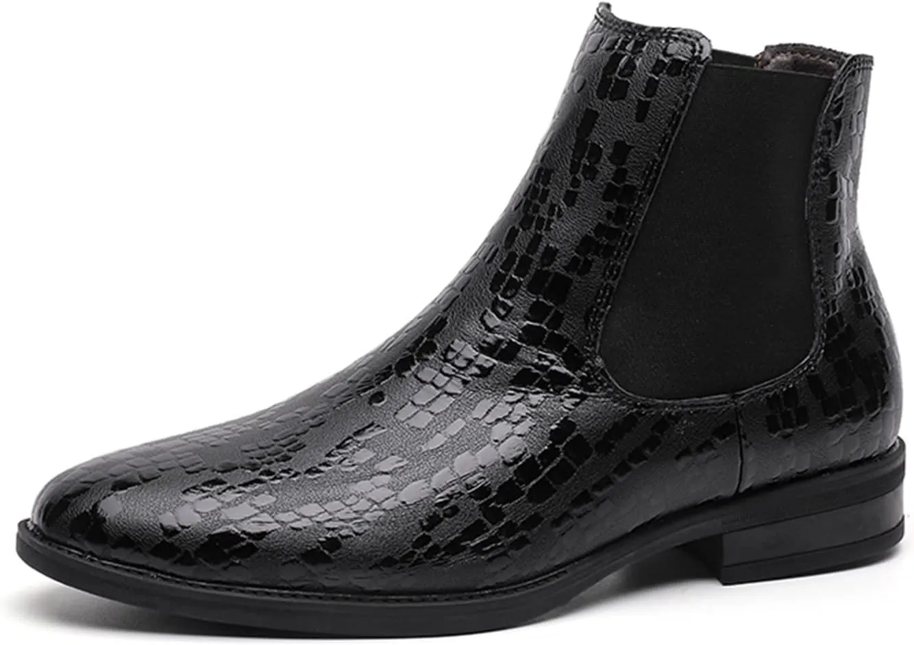 HOOENG Round Toe Ankle Boots for Men Crocodile Print Elastic Bandage Cowhide Leather Wearable Anti-Slip Non Slip on Waterproof Dress (Color : Black, Size : 9)