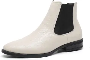 HOOENG Round Toe Ankle Boots for Men Crocodile Print Elastic Bandage Cowhide Leather Wearable Anti-Slip Non Slip on Waterproof Dress (Color : White, Size : 8)