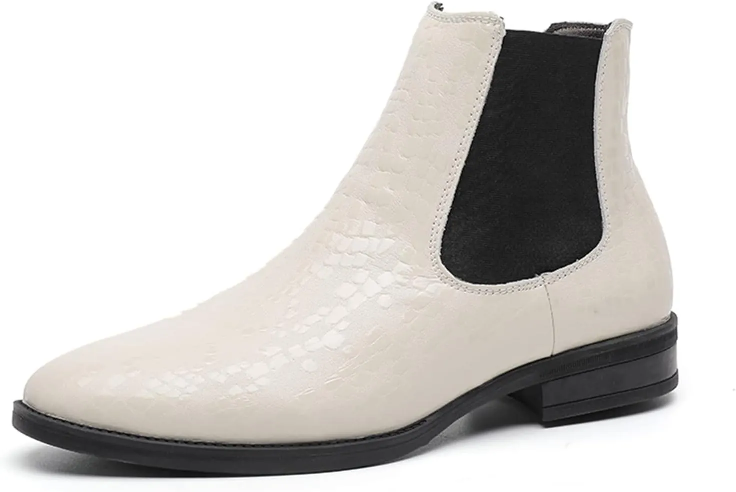 HOOENG Round Toe Ankle Boots for Men Crocodile Print Elastic Bandage Cowhide Leather Wearable Anti-Slip Non Slip on Waterproof Dress (Color : White, Size : 9)