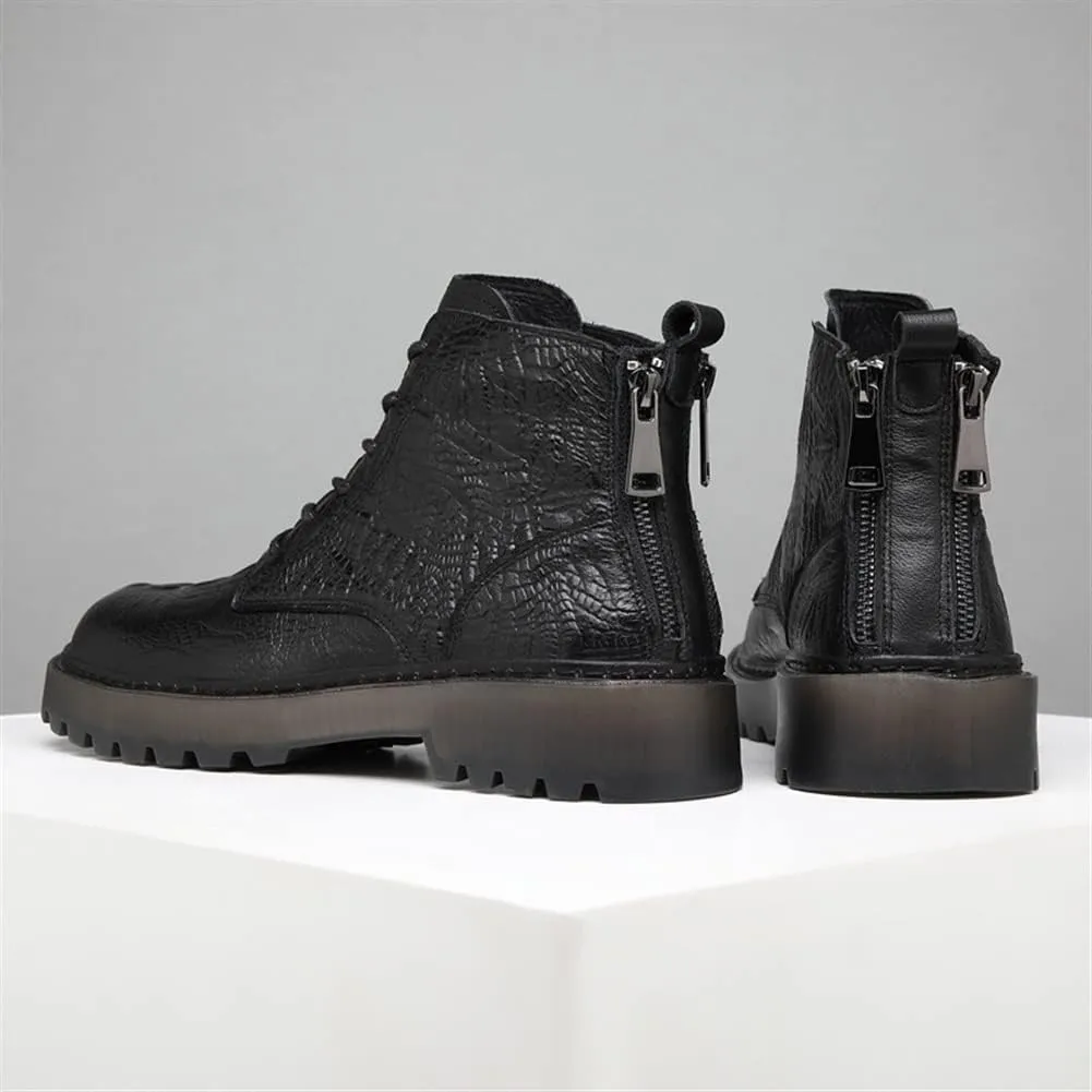 HOOENG Round Toe Boots for Men Derby Crocodile Print Double Back Zip Cowhide Leather Anti-Slip Waterproof Wearable Fashion Dress
