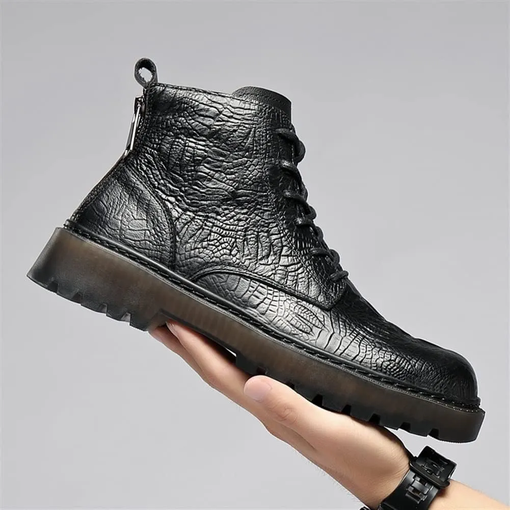 HOOENG Round Toe Boots for Men Derby Crocodile Print Double Back Zip Cowhide Leather Anti-Slip Waterproof Wearable Fashion Dress