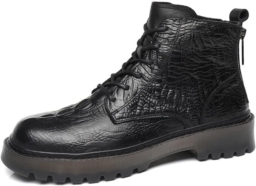 HOOENG Round Toe Boots for Men Derby Crocodile Print Double Back Zip Cowhide Leather Anti-Slip Waterproof Wearable Fashion Dress