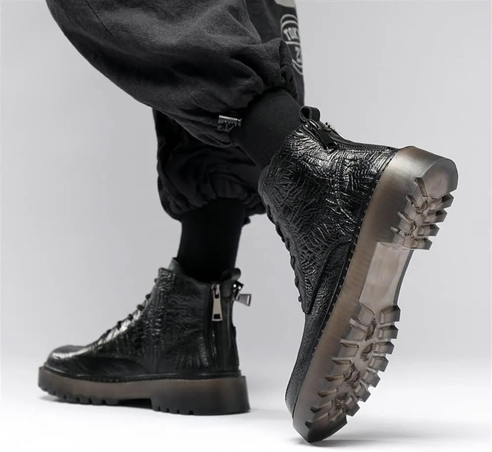 HOOENG Round Toe Boots for Men Derby Crocodile Print Double Back Zip Cowhide Leather Anti-Slip Waterproof Wearable Fashion Dress