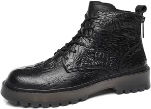 HOOENG Round Toe Boots for Men Derby Crocodile Print Double Back Zip Cowhide Leather Anti-Slip Waterproof Wearable Fashion Dress