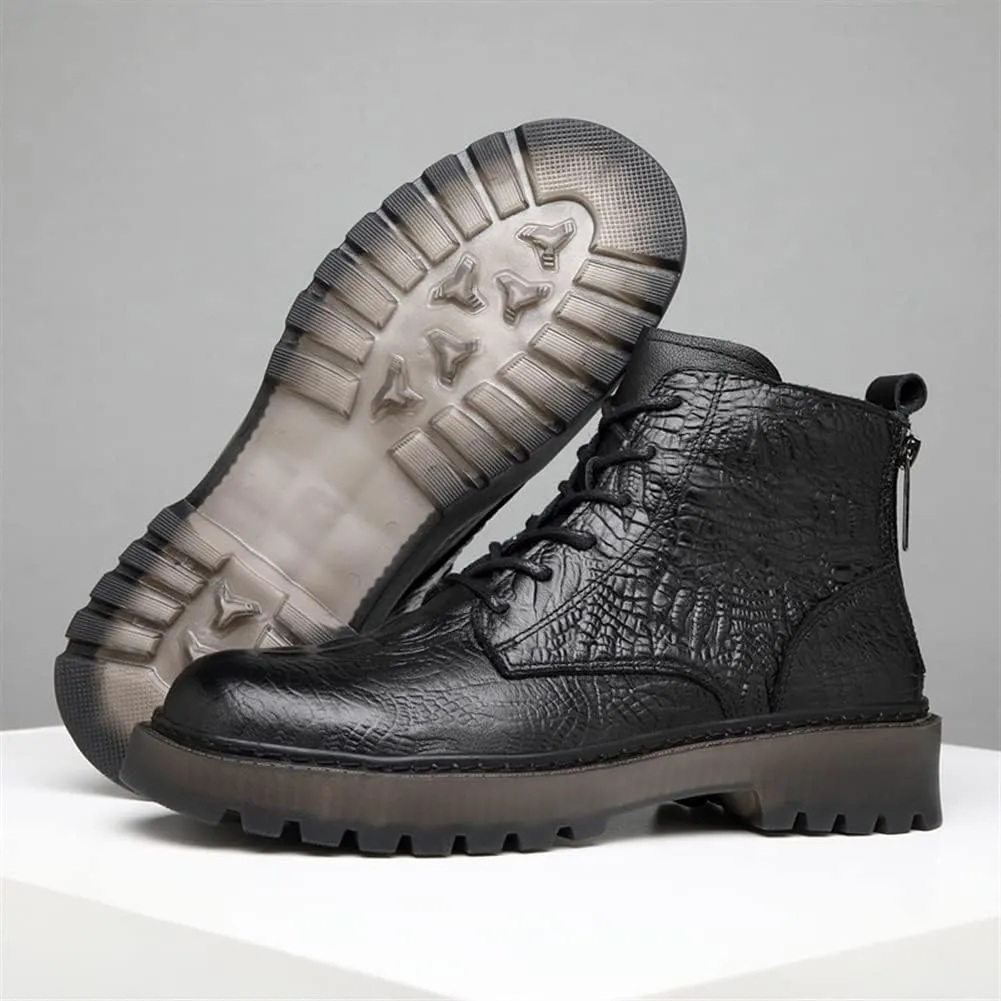 HOOENG Round Toe Boots for Men Derby Crocodile Print Double Back Zip Cowhide Leather Anti-Slip Waterproof Wearable Fashion Dress