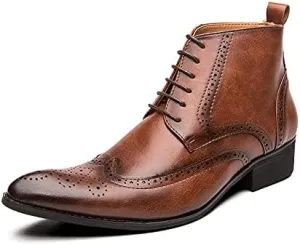 HOOENG Round Toe Boots for Men Snip Toe Burnished Toe Carved Brogue Win Tip PU Waterproof Slip Resistant Dress Casual Formal