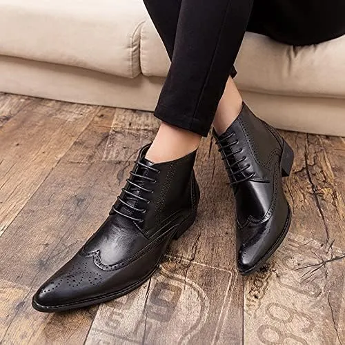 HOOENG Round Toe Boots for Men Snip Toe Burnished Toe Carved Brogue Win Tip PU Waterproof Slip Resistant Dress Casual Formal