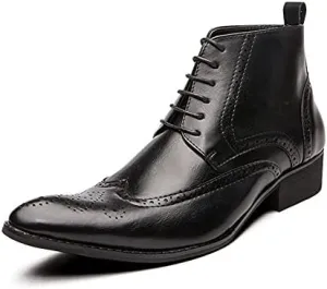 HOOENG Round Toe Boots for Men Snip Toe Burnished Toe Carved Brogue Win Tip PU Waterproof Slip Resistant Dress Casual Formal