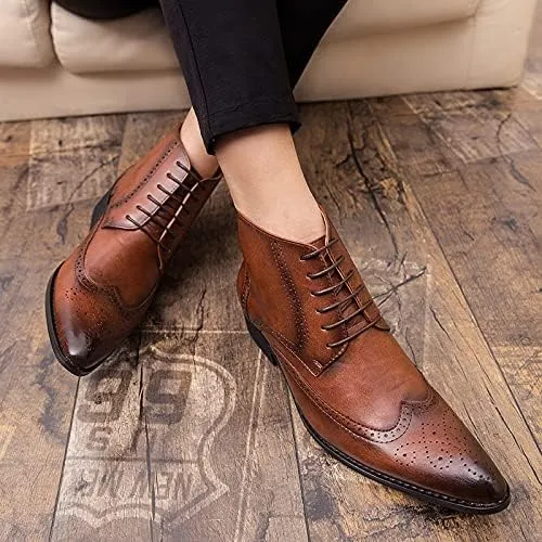 HOOENG Round Toe Boots for Men Snip Toe Burnished Toe Carved Brogue Win Tip PU Waterproof Slip Resistant Dress Casual Formal