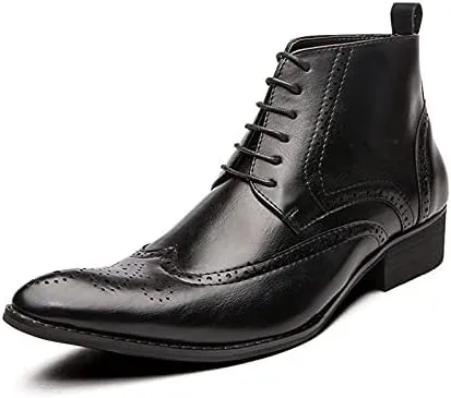 HOOENG Round Toe Boots for Men Snip Toe Burnished Toe Carved Brogue Win Tip PU Waterproof Slip Resistant Dress Casual Formal