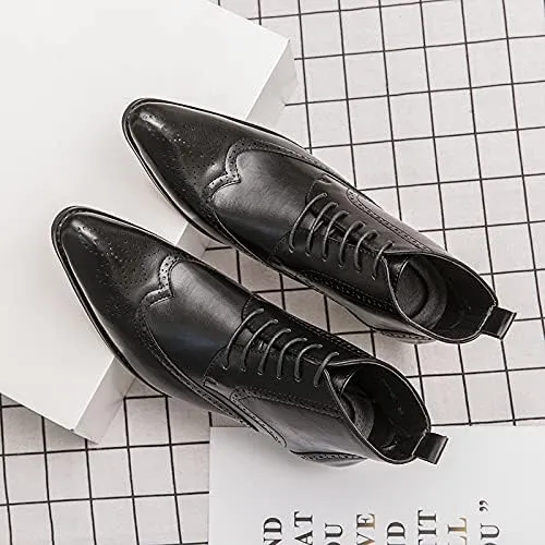 HOOENG Round Toe Boots for Men Snip Toe Burnished Toe Carved Brogue Win Tip PU Waterproof Slip Resistant Dress Casual Formal