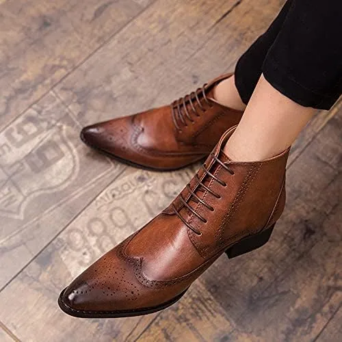 HOOENG Round Toe Boots for Men Snip Toe Burnished Toe Carved Brogue Win Tip PU Waterproof Slip Resistant Dress Casual Formal