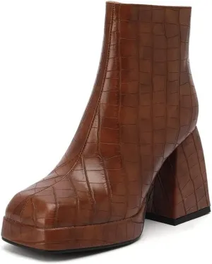HOTRA Women Checked Ankle Booties Square Toe Chunky High Heel Mid Calf Shoes Punk Platform Waterproof Combat Boots (Color : Brown, Size : 7.5 US)