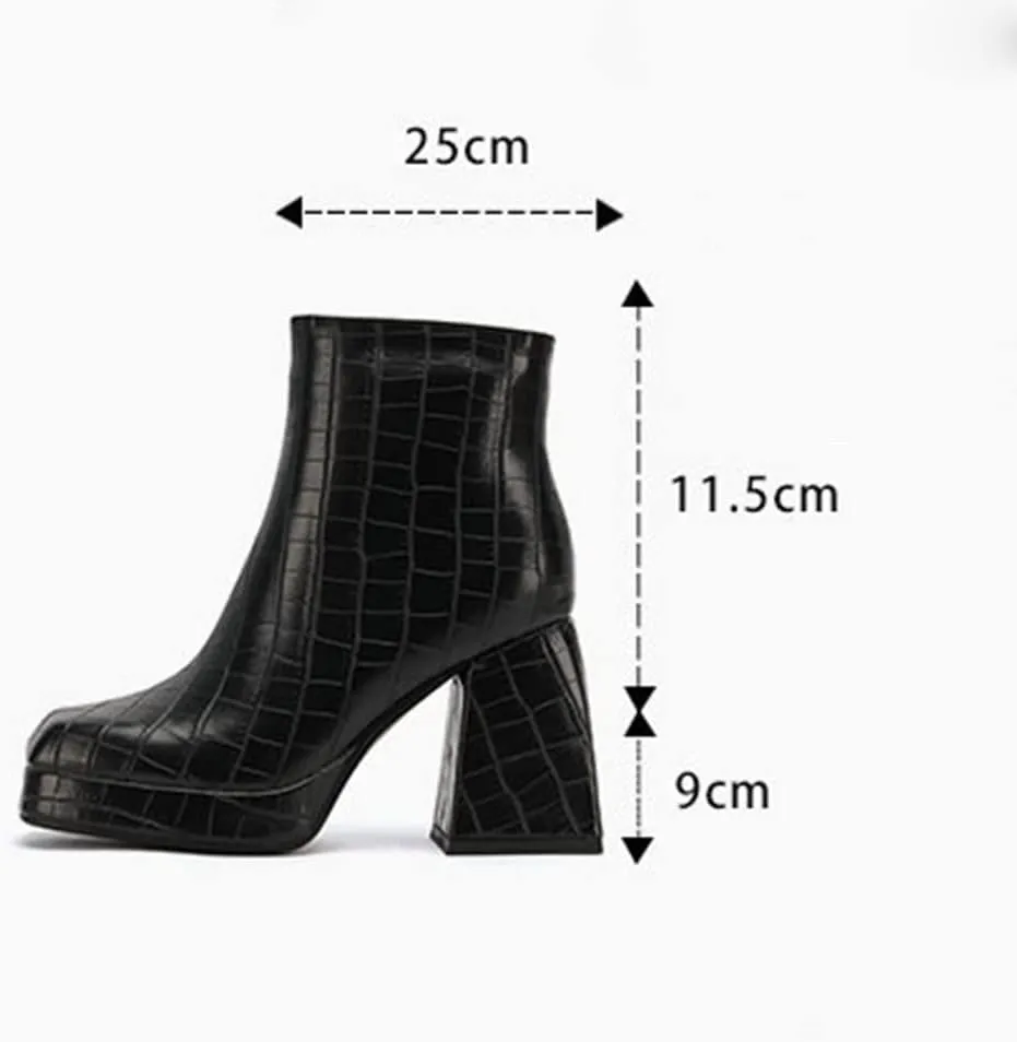 HOTRA Women Checked Ankle Booties Square Toe Chunky High Heel Mid Calf Shoes Punk Platform Waterproof Combat Boots (Color : Brown, Size : 7.5 US)