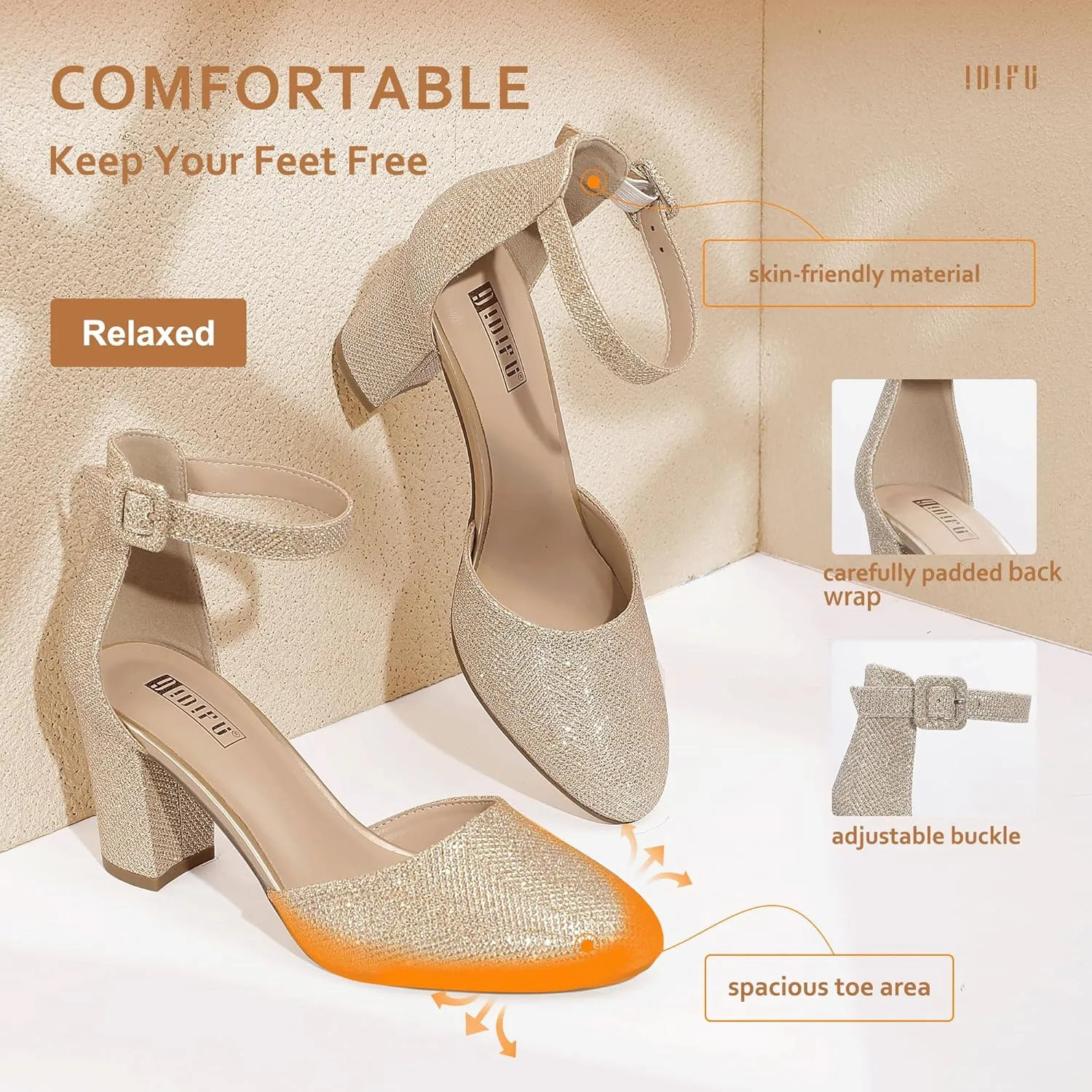 IDIFU IN3 Chunky Block Heels - Women's Pumps for Dress, Wedding, Bridal, Homecoming, Prom & Work - Comfortable Ankle Strap, Round Toe, Thick Heels