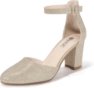 IDIFU IN3 Chunky Block Heels - Women's Pumps for Dress, Wedding, Bridal, Homecoming, Prom & Work - Comfortable Ankle Strap, Round Toe, Thick Heels