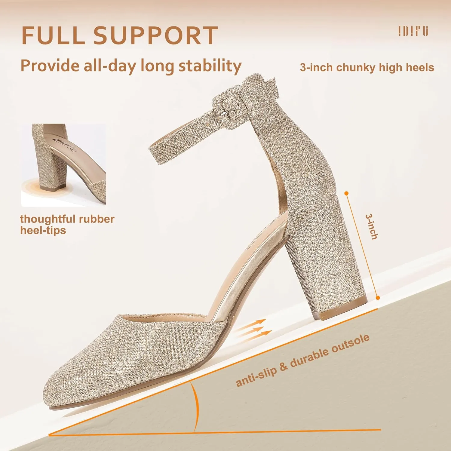 IDIFU IN3 Chunky Block Heels - Women's Pumps for Dress, Wedding, Bridal, Homecoming, Prom & Work - Comfortable Ankle Strap, Round Toe, Thick Heels