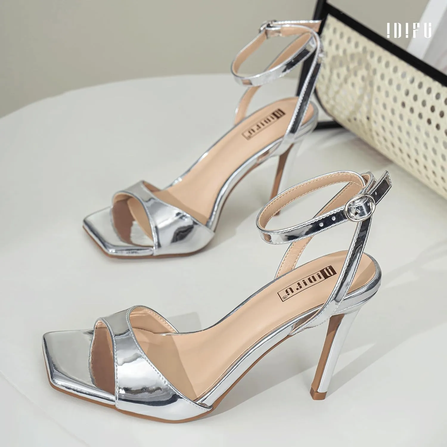 IDIFU IN4 High Heels Strappy Stiletto Heels Square Open Toe Heeled Sandals Wedding Bridal Prom Party Evening Dress Shoes for Women Comfortable Sexy Dressy Cute Ankle Strap Heels