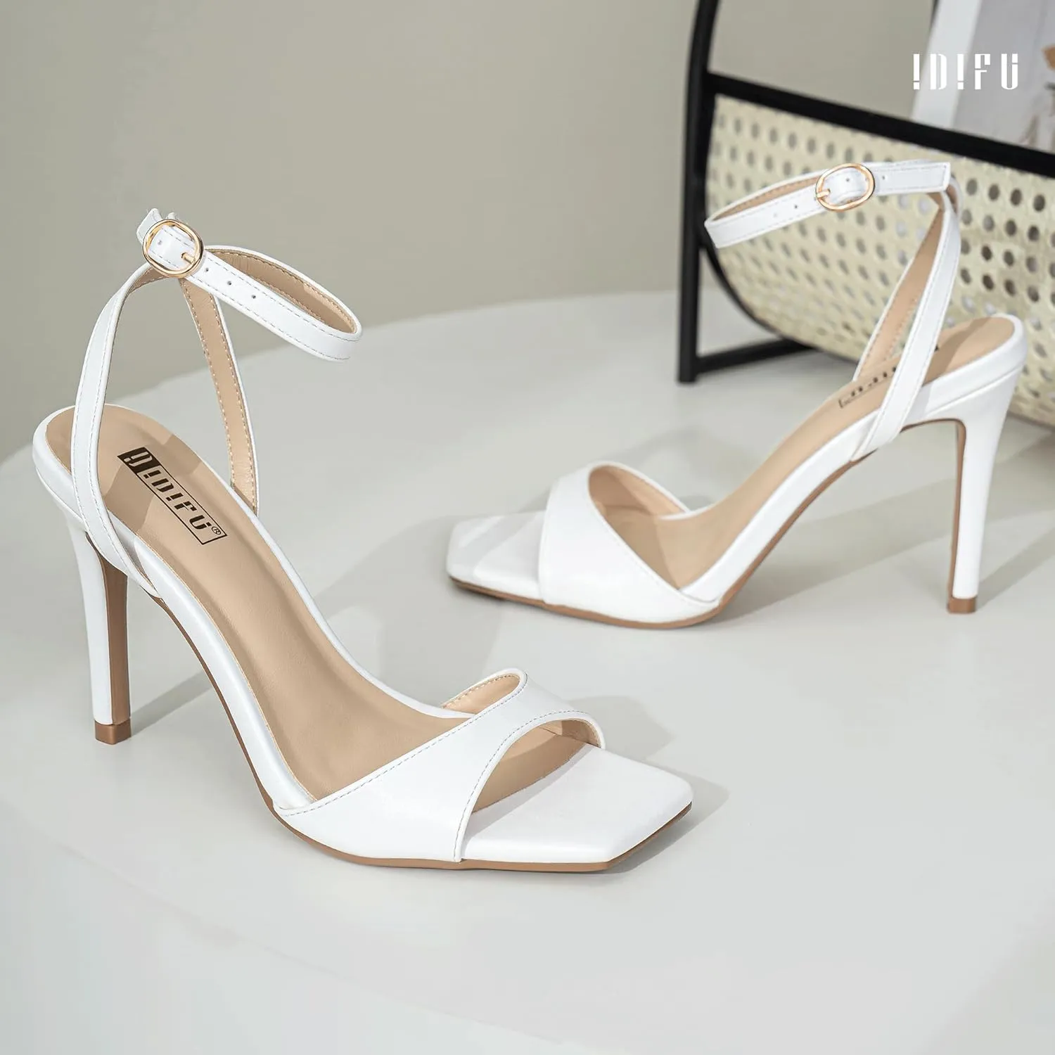 IDIFU IN4 High Heels Strappy Stiletto Heels Square Open Toe Heeled Sandals Wedding Bridal Prom Party Evening Dress Shoes for Women Comfortable Sexy Dressy Cute Ankle Strap Heels