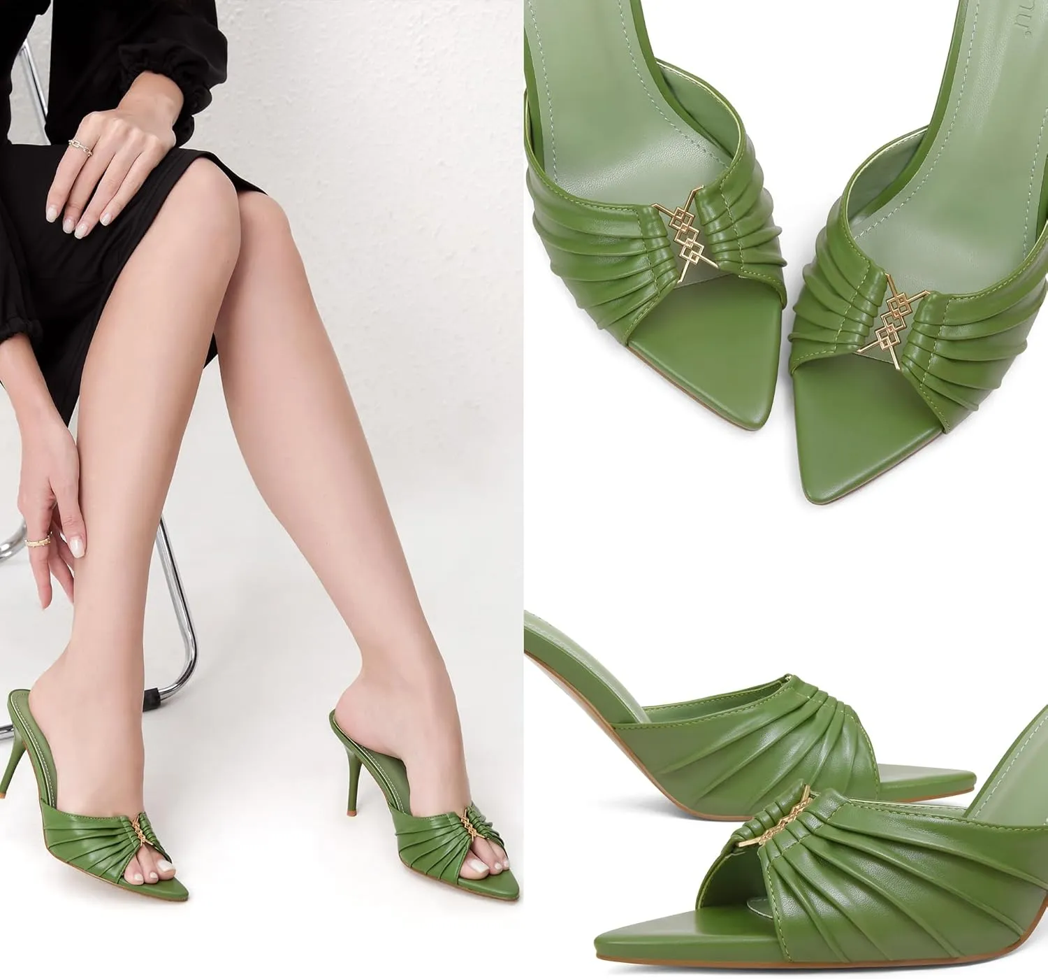 iiimmu 3.5 IN Stiletto Mules High Heels with Pointed Peep Toe Heeled Sandals Faux Leather
