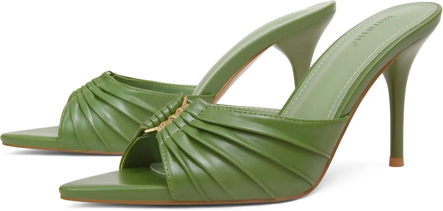 iiimmu 3.5 IN Stiletto Mules High Heels with Pointed Peep Toe Heeled Sandals Faux Leather