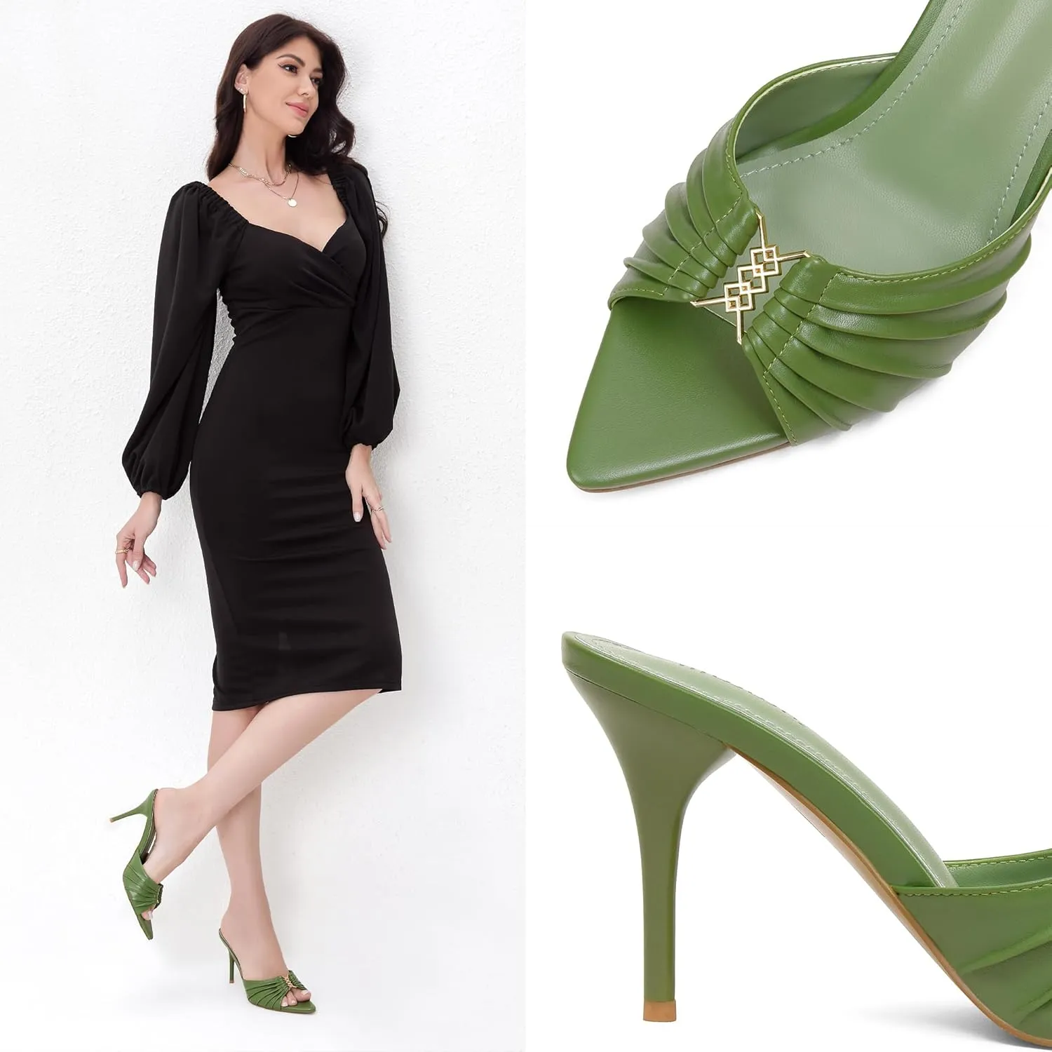 iiimmu 3.5 IN Stiletto Mules High Heels with Pointed Peep Toe Heeled Sandals Faux Leather