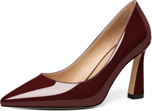 Joseywade Womens High Heels Pointed Toe Stilettos Heel Pumps Slip-on Closed Toe 3.5 Inch Flare Heels Leather Dress Shoes