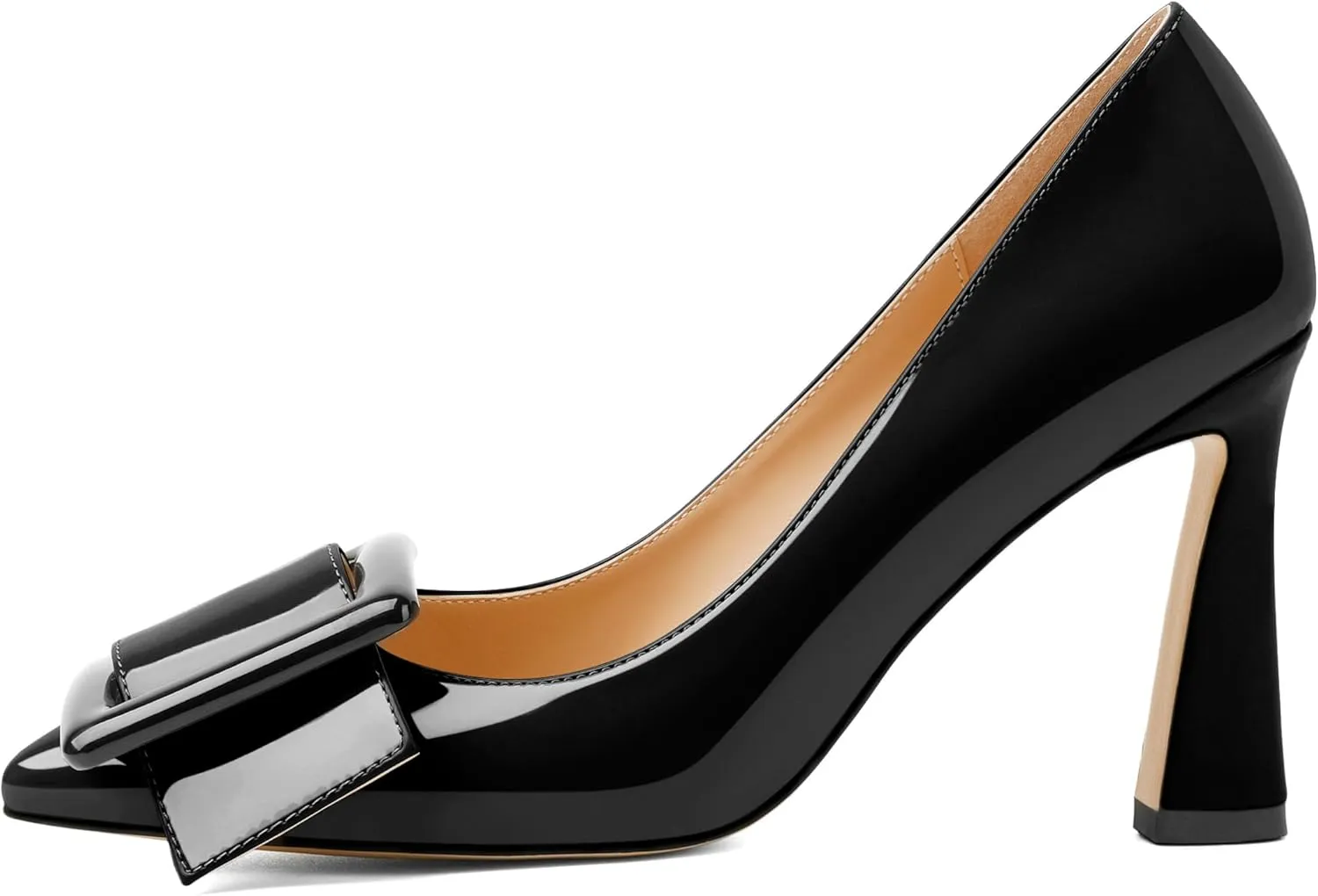 Joseywade Womens High Stilettos Heels Pointed Toe Pumps Slip-on Closed Toe Big Buckle 3.5 Inch Flare Heel Dress Shoes