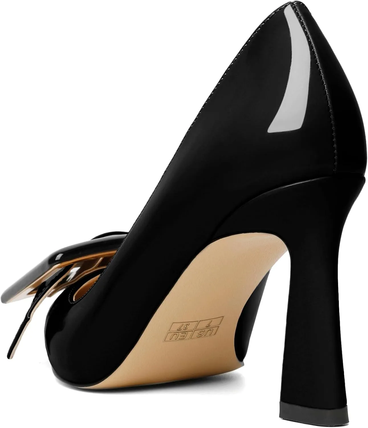 Joseywade Womens High Stilettos Heels Pointed Toe Pumps Slip-on Closed Toe Big Buckle 3.5 Inch Flare Heel Dress Shoes