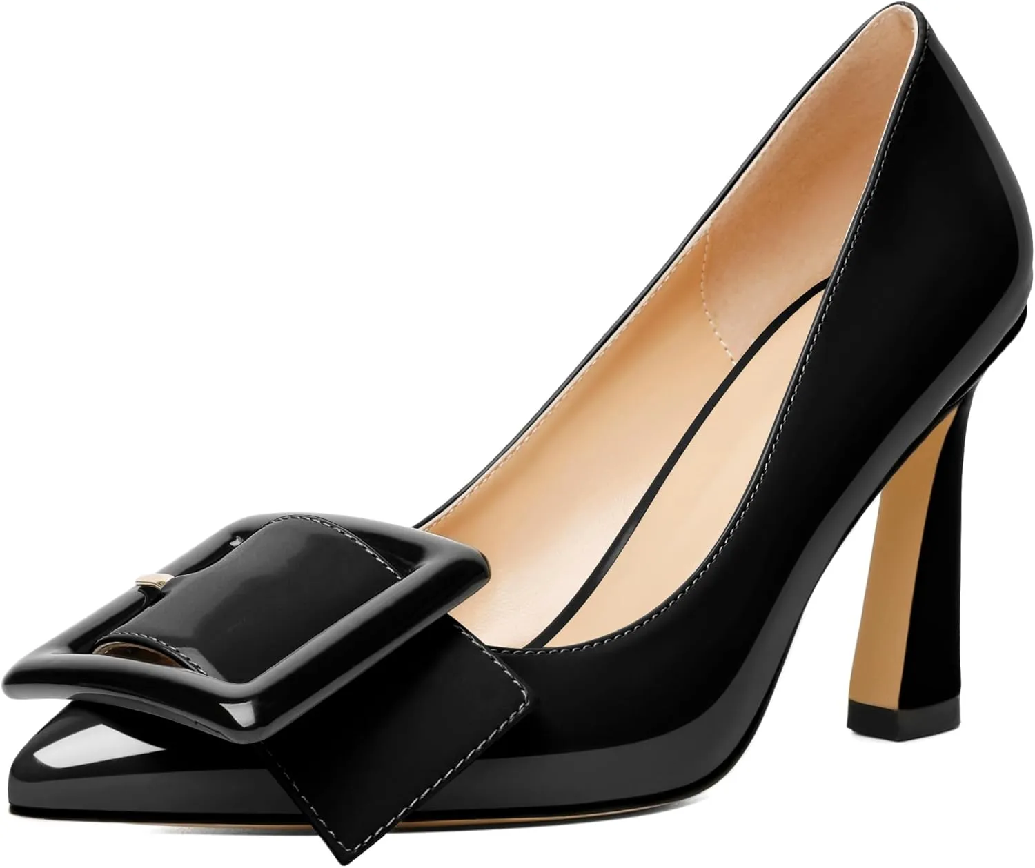 Joseywade Womens High Stilettos Heels Pointed Toe Pumps Slip-on Closed Toe Big Buckle 3.5 Inch Flare Heel Dress Shoes