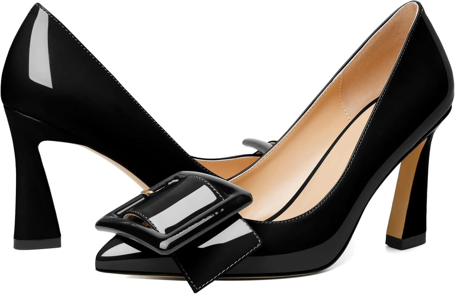 Joseywade Womens High Stilettos Heels Pointed Toe Pumps Slip-on Closed Toe Big Buckle 3.5 Inch Flare Heel Dress Shoes