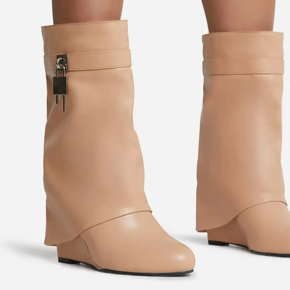Kluolandi Fold Over Boots for Women with Padlock Almond Toe Mid Calf Wedge Heel Boots Pull On Short Booties