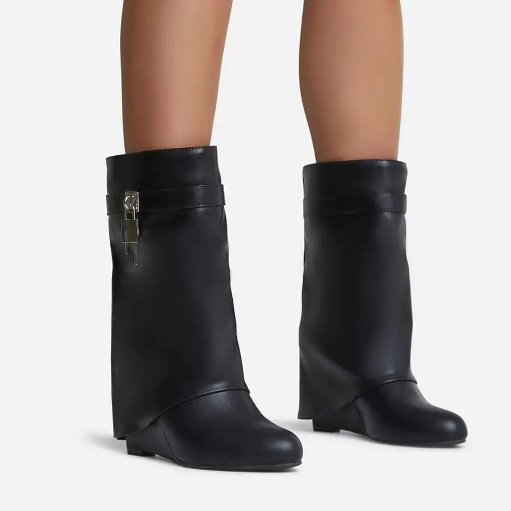 Kluolandi Fold Over Boots for Women with Padlock Almond Toe Mid Calf Wedge Heel Boots Pull On Short Booties