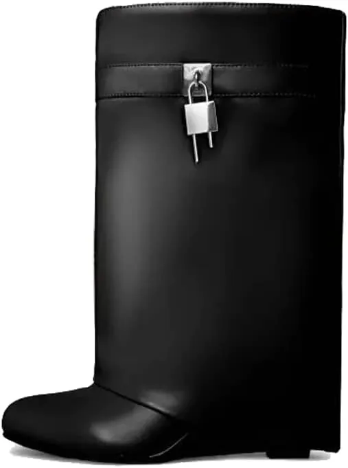 Kluolandi Fold Over Boots for Women with Padlock Almond Toe Mid Calf Wedge Heel Boots Pull On Short Booties