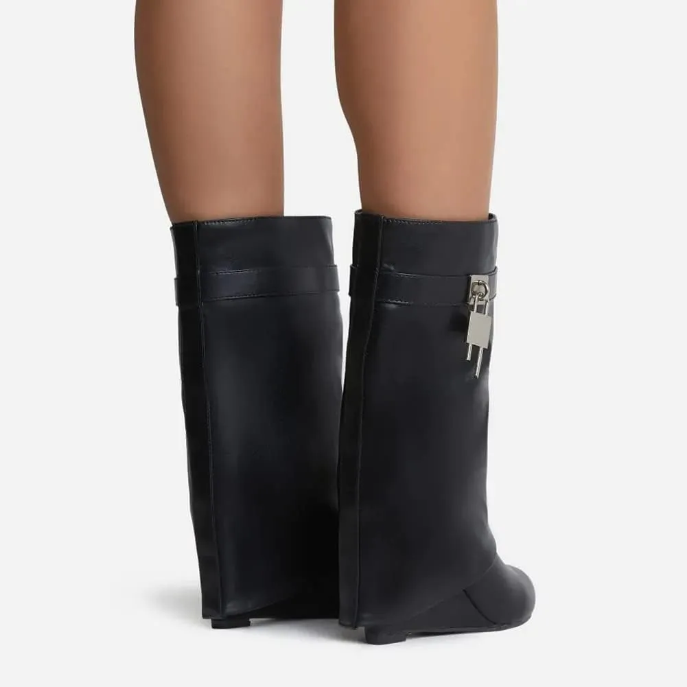 Kluolandi Fold Over Boots for Women with Padlock Almond Toe Mid Calf Wedge Heel Boots Pull On Short Booties
