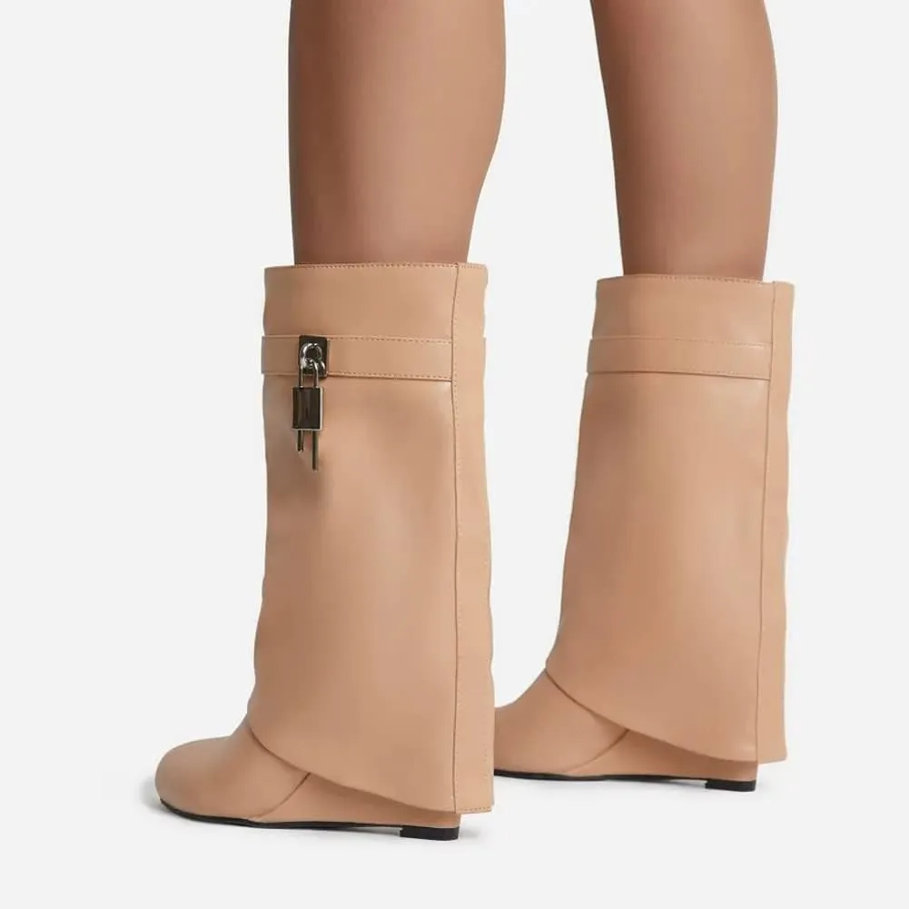 Kluolandi Fold Over Boots for Women with Padlock Almond Toe Mid Calf Wedge Heel Boots Pull On Short Booties