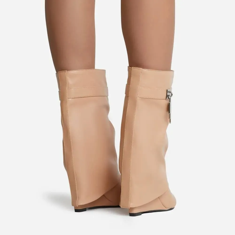 Kluolandi Fold Over Boots for Women with Padlock Almond Toe Mid Calf Wedge Heel Boots Pull On Short Booties