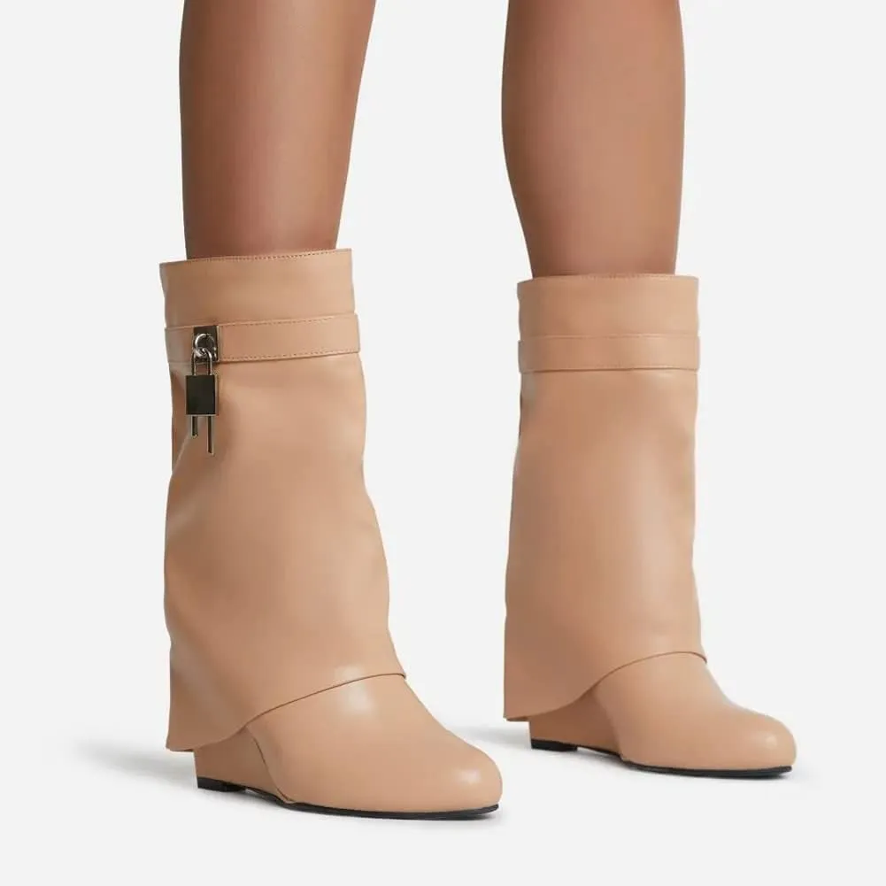 Kluolandi Fold Over Boots for Women with Padlock Almond Toe Mid Calf Wedge Heel Boots Pull On Short Booties
