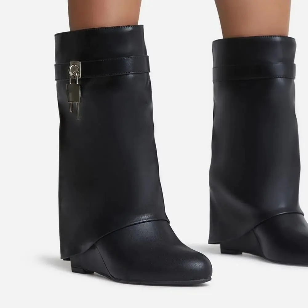 Kluolandi Fold Over Boots for Women with Padlock Almond Toe Mid Calf Wedge Heel Boots Pull On Short Booties