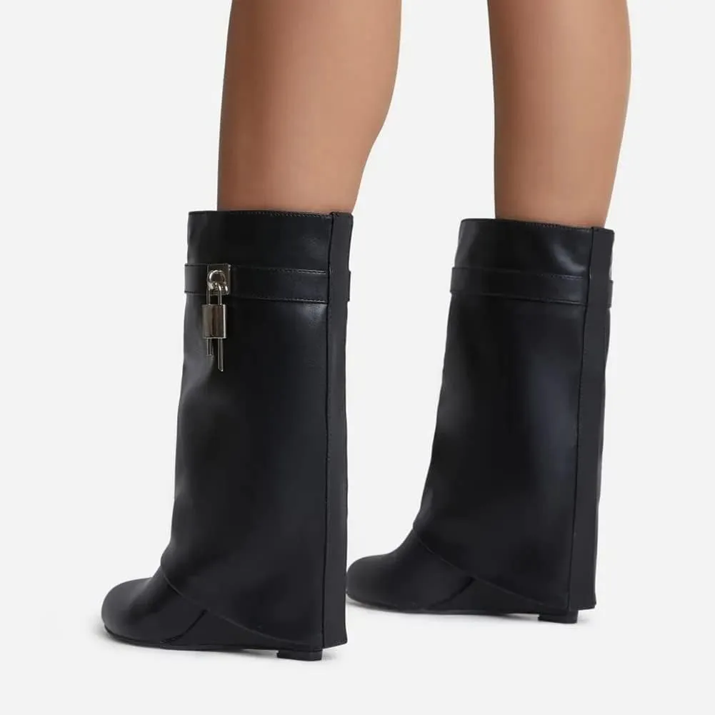 Kluolandi Fold Over Boots for Women with Padlock Almond Toe Mid Calf Wedge Heel Boots Pull On Short Booties