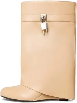 Kluolandi Fold Over Boots for Women with Padlock Almond Toe Mid Calf Wedge Heel Boots Pull On Short Booties