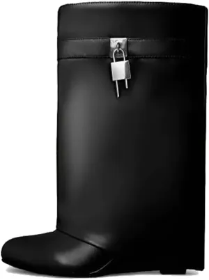 Kluolandi Fold Over Boots for Women with Padlock Almond Toe Mid Calf Wedge Heel Boots Pull On Short Booties