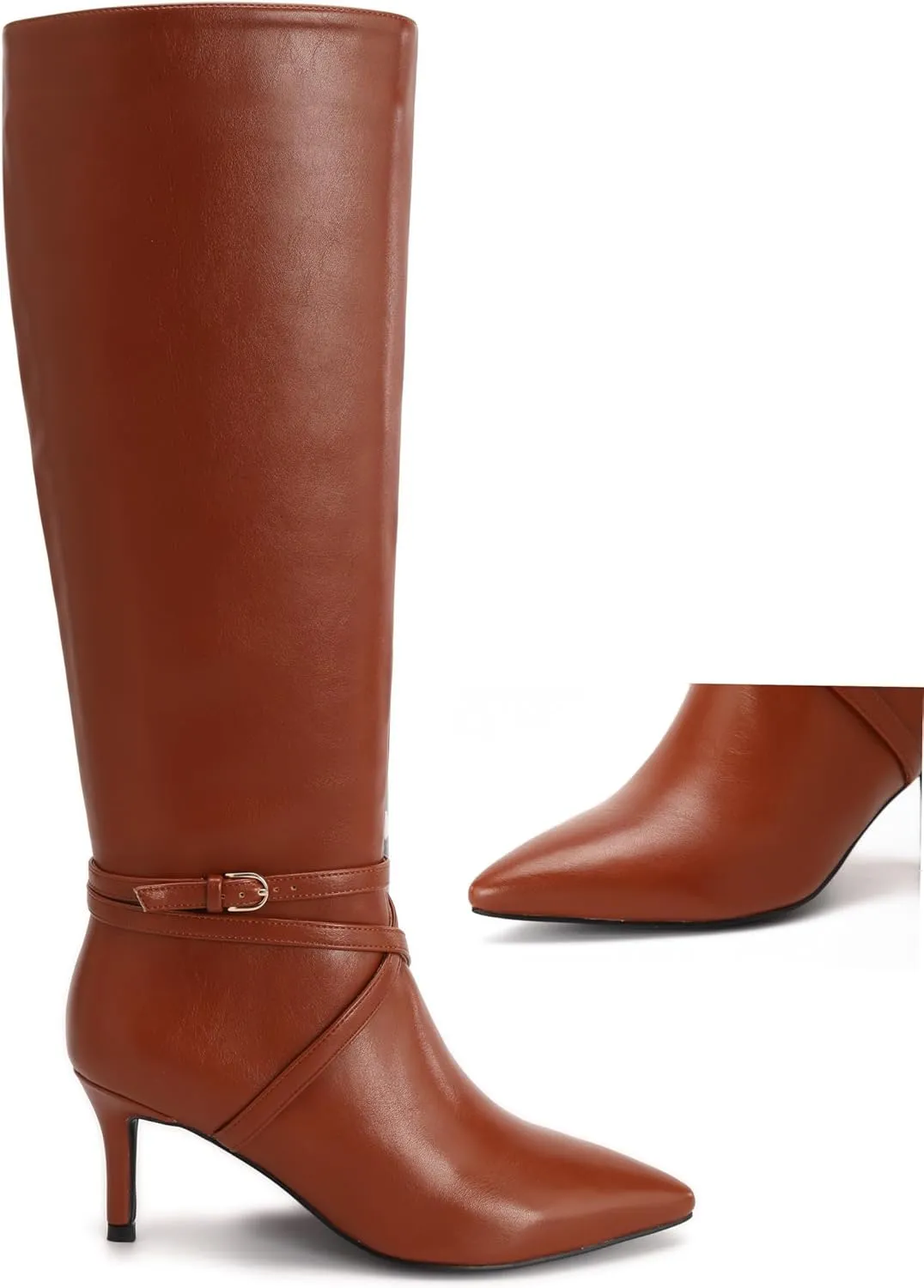 Knee High Boots for Women Strappy legs Stiletto Heel Pointed Toe Side Zipper Soft PU Leather Sexy Dress Long Boots