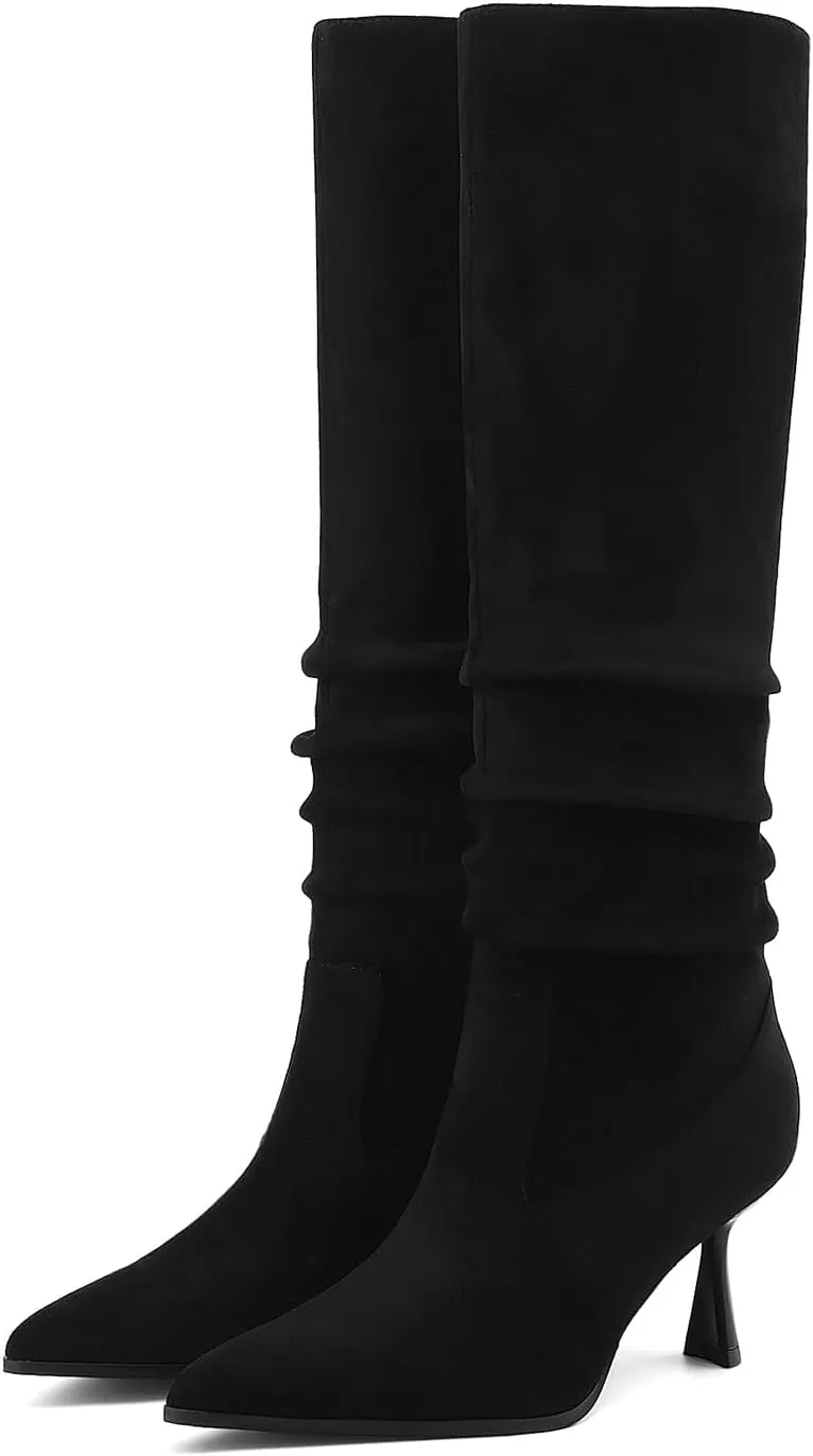 Knee High Boots Women Kitten High Heel Faux Leather Pointed Toe Slouchy Long Boots Fashion Dress Pull on Tall Boots