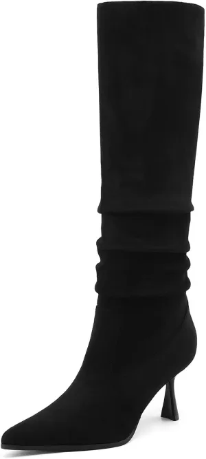 Knee High Boots Women Kitten High Heel Faux Leather Pointed Toe Slouchy Long Boots Fashion Dress Pull on Tall Boots