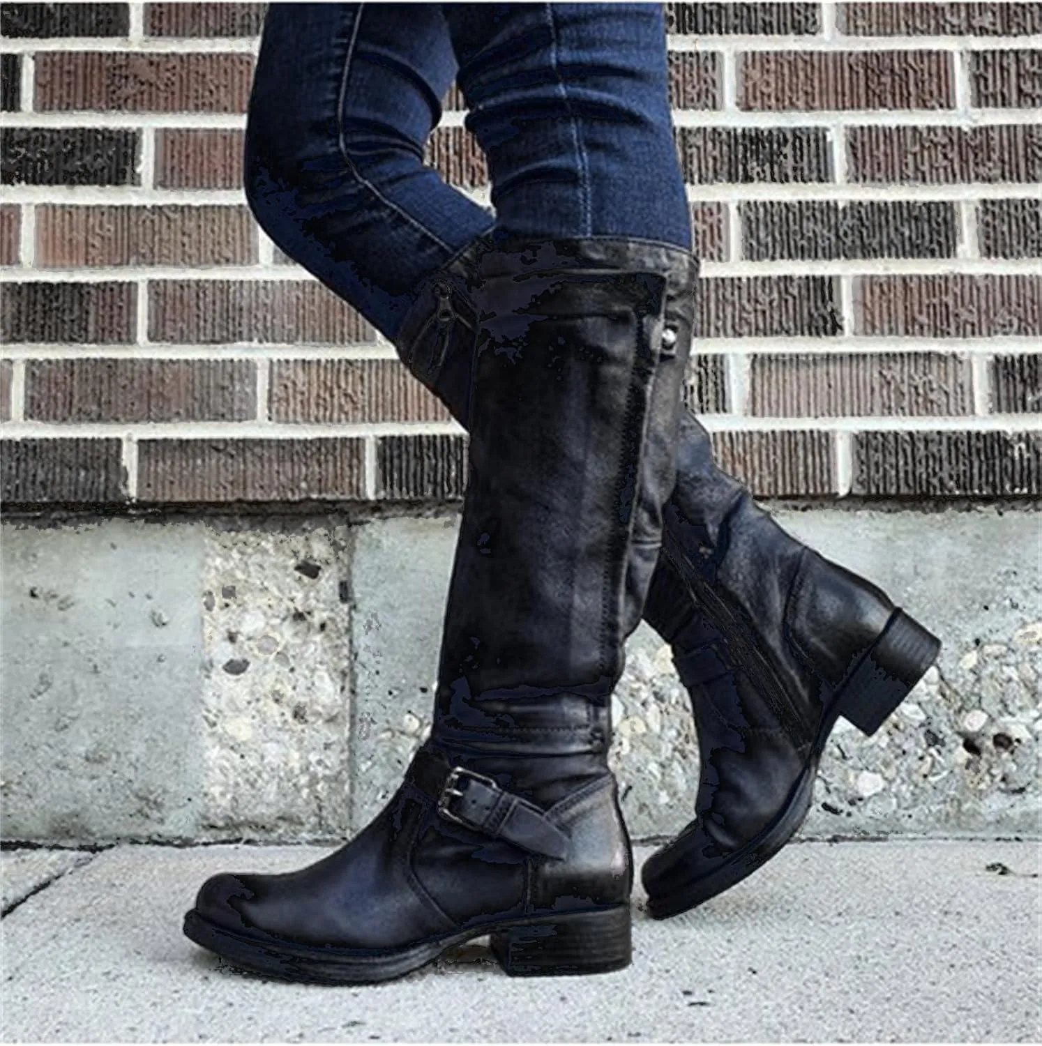Knee High Boots Women Wide Calf Flat Heel Buckle Riding Boots Side Zipper Mid Calf Fashion Motorcycle Biker Boots