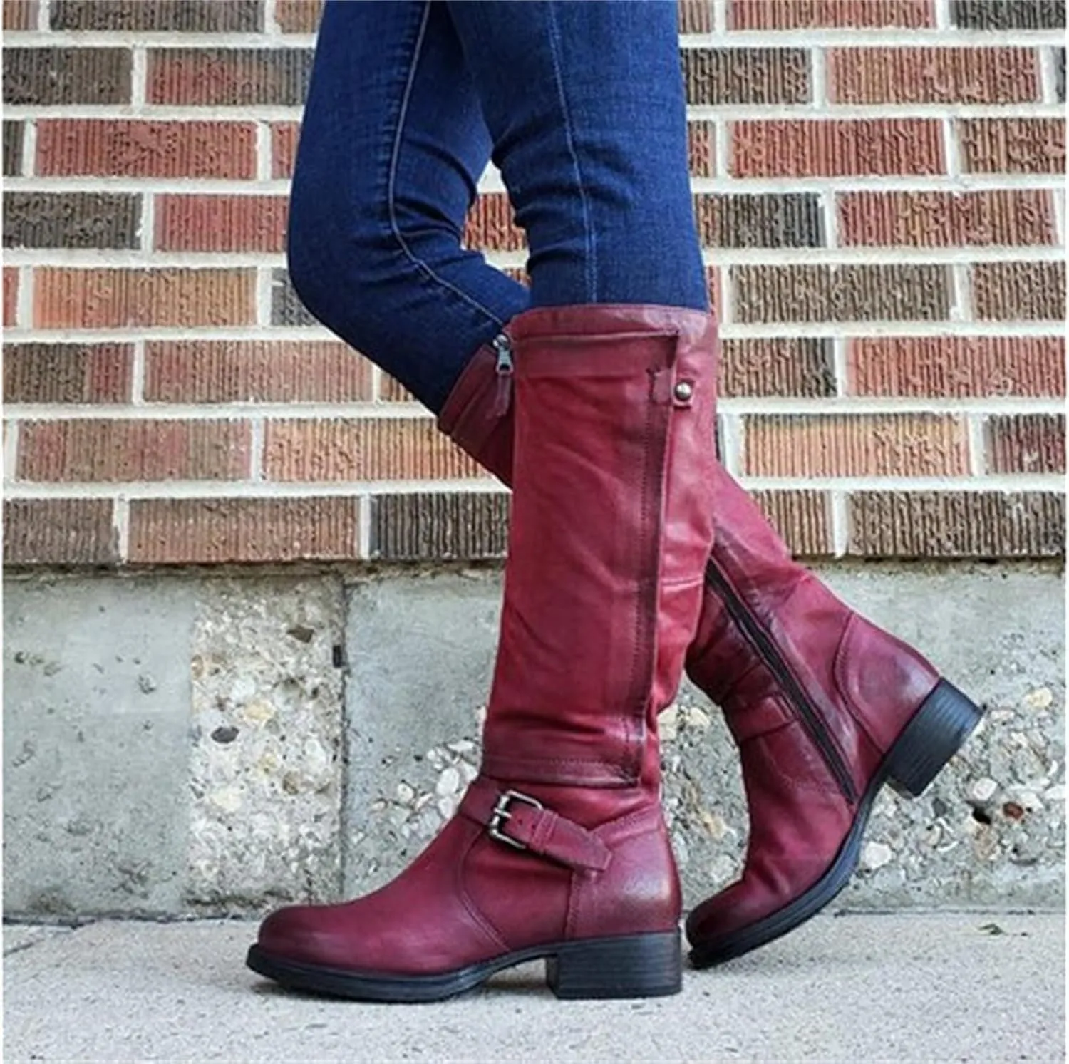 Knee High Boots Women Wide Calf Flat Heel Buckle Riding Boots Side Zipper Mid Calf Fashion Motorcycle Biker Boots