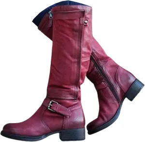 Knee High Boots Women Wide Calf Flat Heel Buckle Riding Boots Side Zipper Mid Calf Fashion Motorcycle Biker Boots