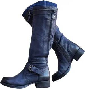 Knee High Boots Women Wide Calf Flat Heel Buckle Riding Boots Side Zipper Mid Calf Fashion Motorcycle Biker Boots